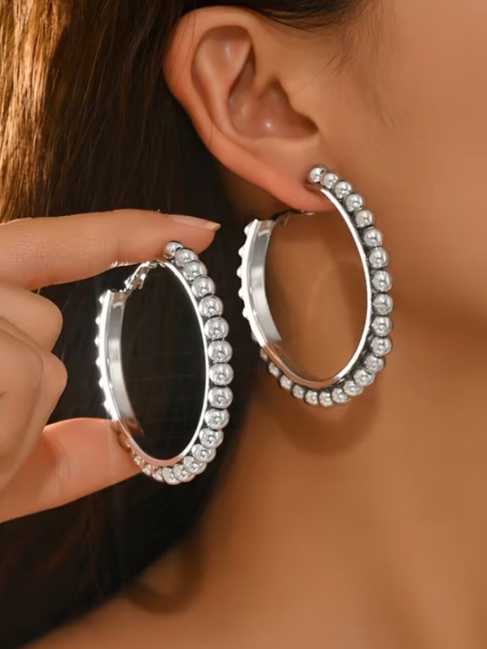 14K White Gold Womens Large Beaded Hoop Earrings Jewelry 14 K Silver New Jewelry